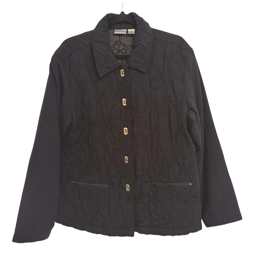 Chicos Black Embroidered Quilted Jacket Toggle Button Front Size 2 Womens L